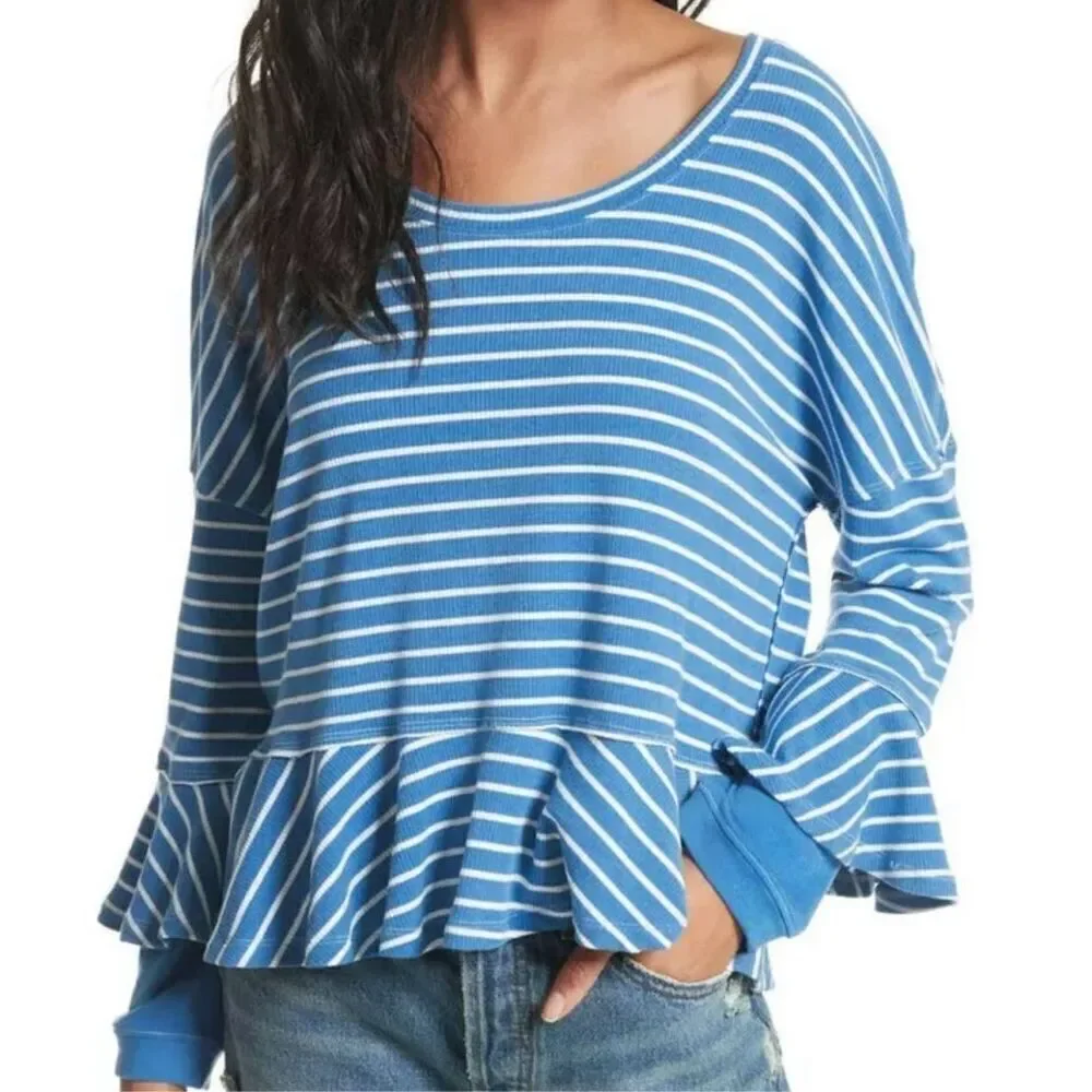 Free People Round About Tee Top Peplum Hem Striped Blue White Combo Sz M